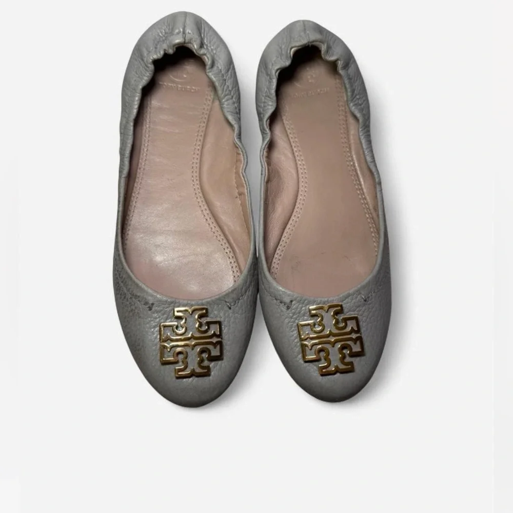 Tory Burch Silver Leather Logo Ballet Flats